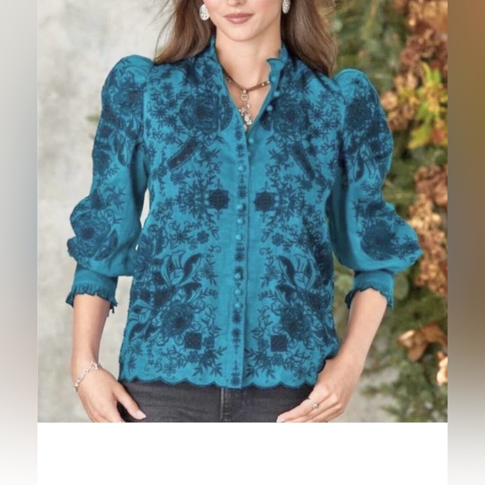 Sundance Rosetti Oversized Blouse Lace Puff Sleeve Embroidery Teal Blue Size S